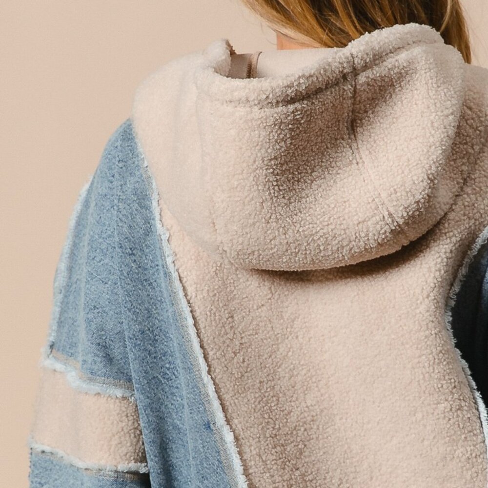 BIBI Oversized Patchwork Hoodie – Denim & Sherpa Zip Up, Streetwear Style - Picture 11 of 15